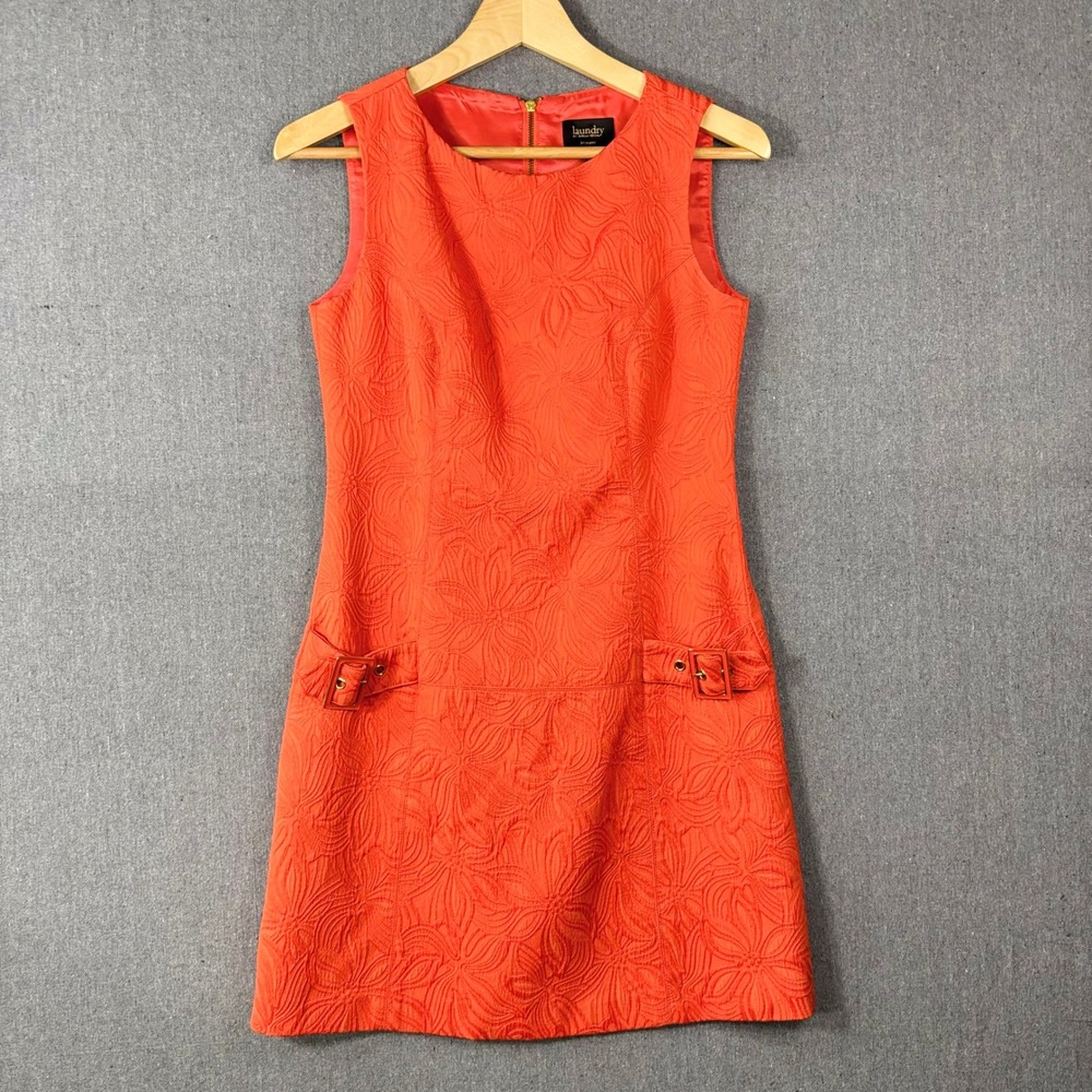 Laundry by Shelli Segal Shift Dress 2 Orange Floral Matelasse Mini Buckle Detail